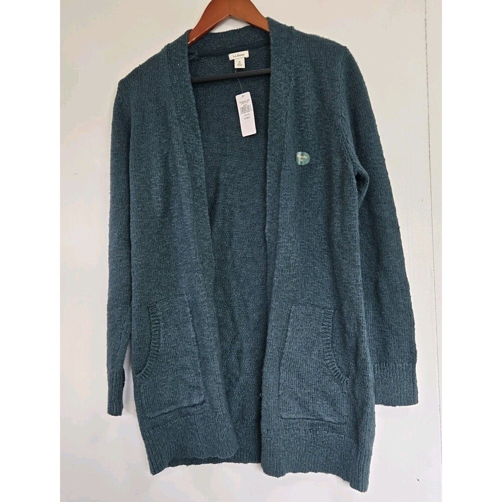 LL Bean Sweater Womens M Green Ragg Open Front Longline Cardigan Pockets NWT